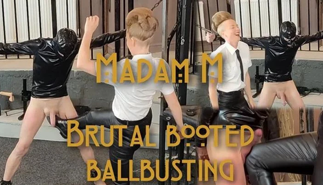 Brutal Booted Ballbusting - Punished Bound And Ballbusted In Knee High Boots with Madam M