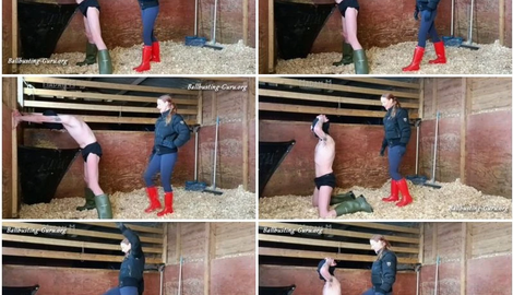 Boots Versus Balls extremely hard Hunters Wellingtons ballbusting in the stables with Madam M