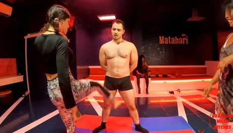 Extreme triple ballbusting with kicking punching and foot stomping slave's face with Goddess Inara, Melissa Ramos