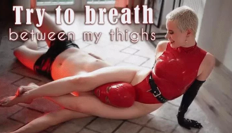 Try to breath between my thighs! - headscissors and facesitting in red latex with Madame Juliette