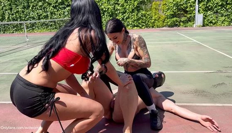 Ballbusting On The Tennis Court with Evil Woman