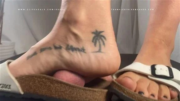 A Shoejobdream in white Birkenstock Madrid Sandals - Cockcrush and Inshoetrampling with black toenails - severe glans trampling - sidecam only with Tramplegirls Shoejobs and Cockcrush - 2026/UltraHD/4K